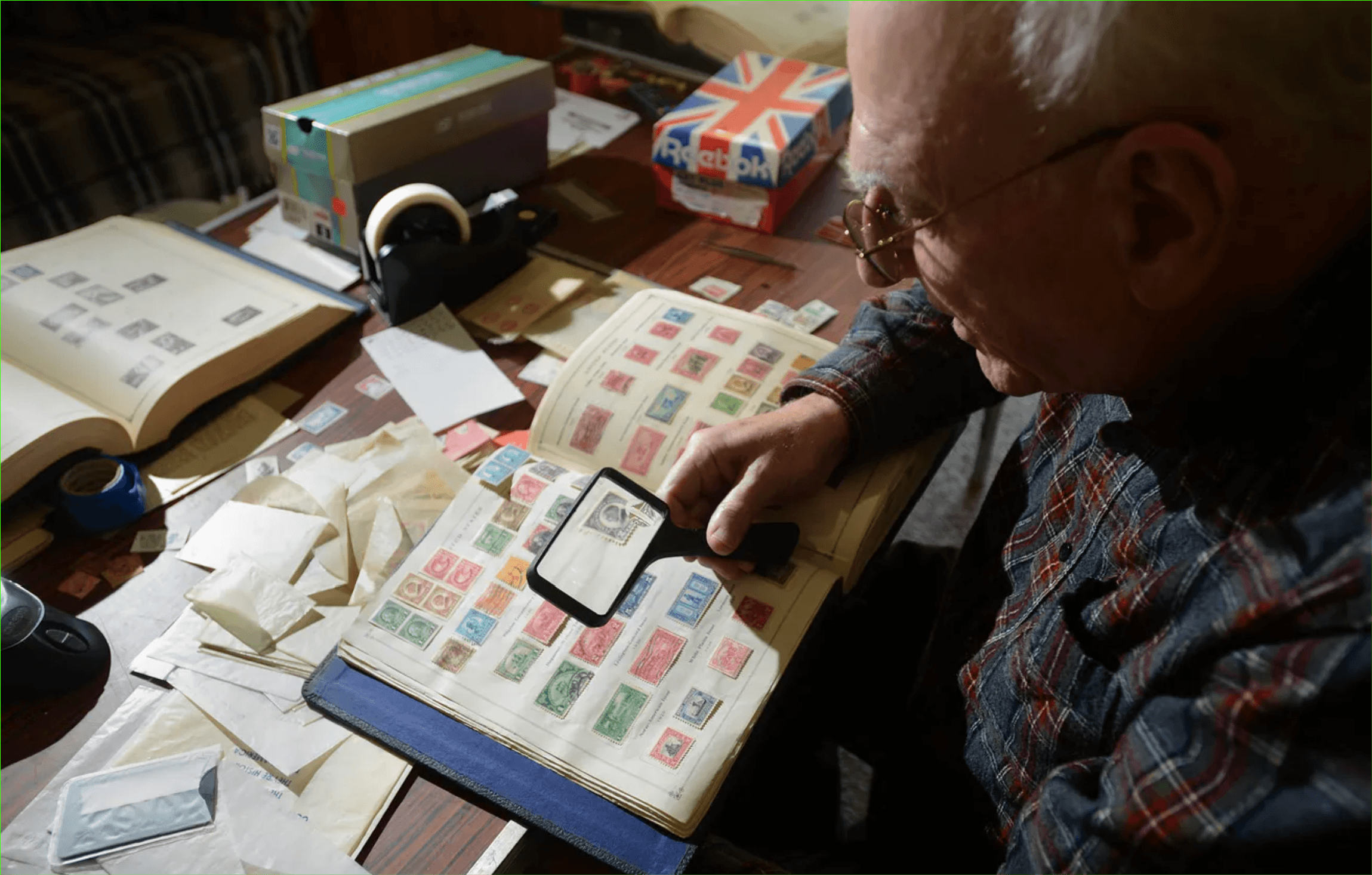 A collection of postage stamps arranged on a table